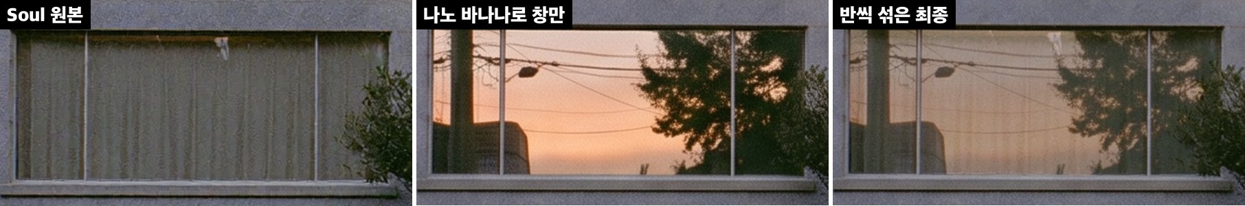 같은 창을 같은 위치에서 잘라 세 장 나란히 놓은 것. 왼쪽 Soul 원본은 커튼이 쳐진 창이고, 가운데 나노 바나나 수정본은 커튼 대신 전봇대와 전선, 나무 실루엣과 노을이 유리에 비친다. 오른쪽 최종본은 반사와 커튼이 반씩 겹쳐 보인다.