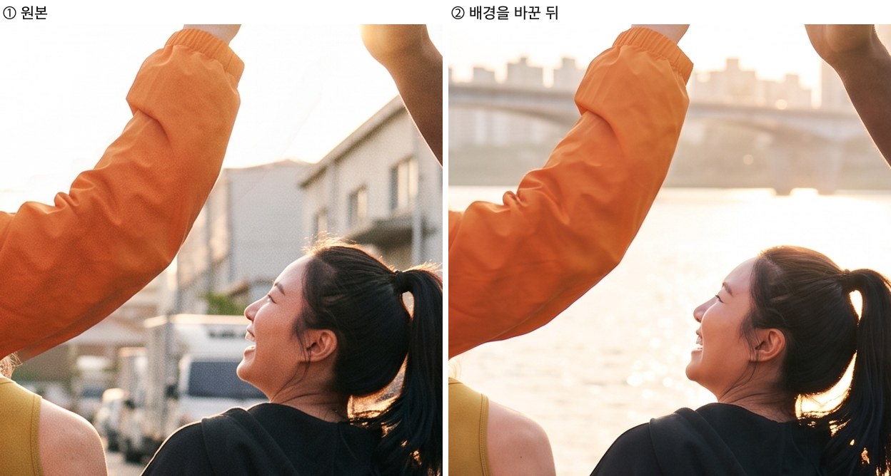 왼쪽은 원본 속 인물의 얼굴, 오른쪽은 배경을 바꾼 뒤의 같은 얼굴. 같은 얼굴이 유지돼 있고 뒤쪽 배경만 골목에서 강으로 바뀌었다.