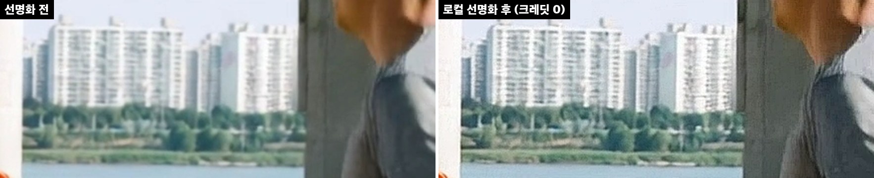 같은 장면의 배경을 잘라 비교한 것. 왼쪽 선명화 전은 강 건너 아파트 단지의 창과 층 구분이 뭉개져 있고, 오른쪽 선명화 후는 창 줄과 나무 윤곽이 또렷해졌다.
